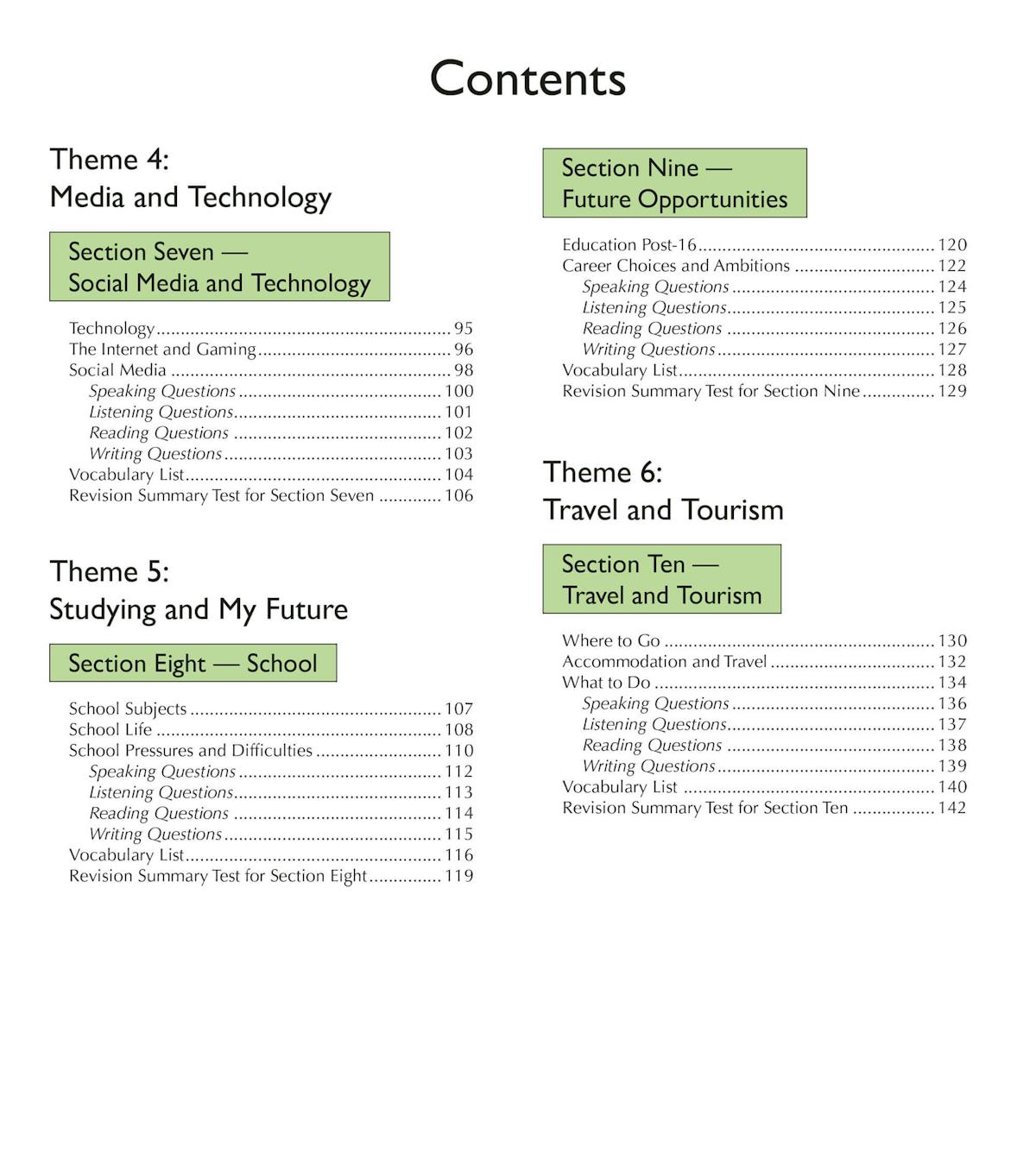 Contents page listing themes including Media and Technology, Studying and My Future, and Travel and Tourism