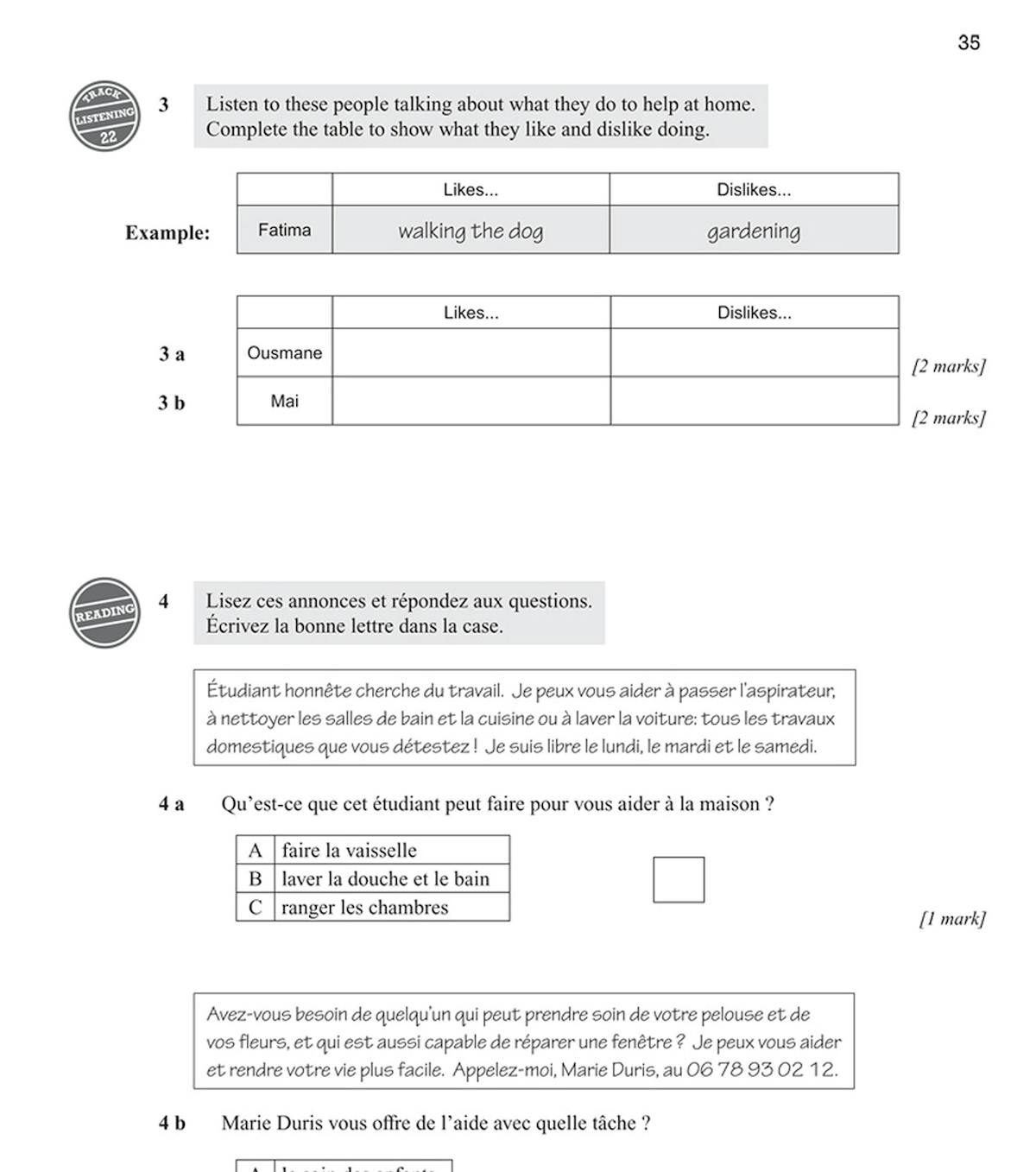 French grammar and listening comprehension exercises with answer boxes