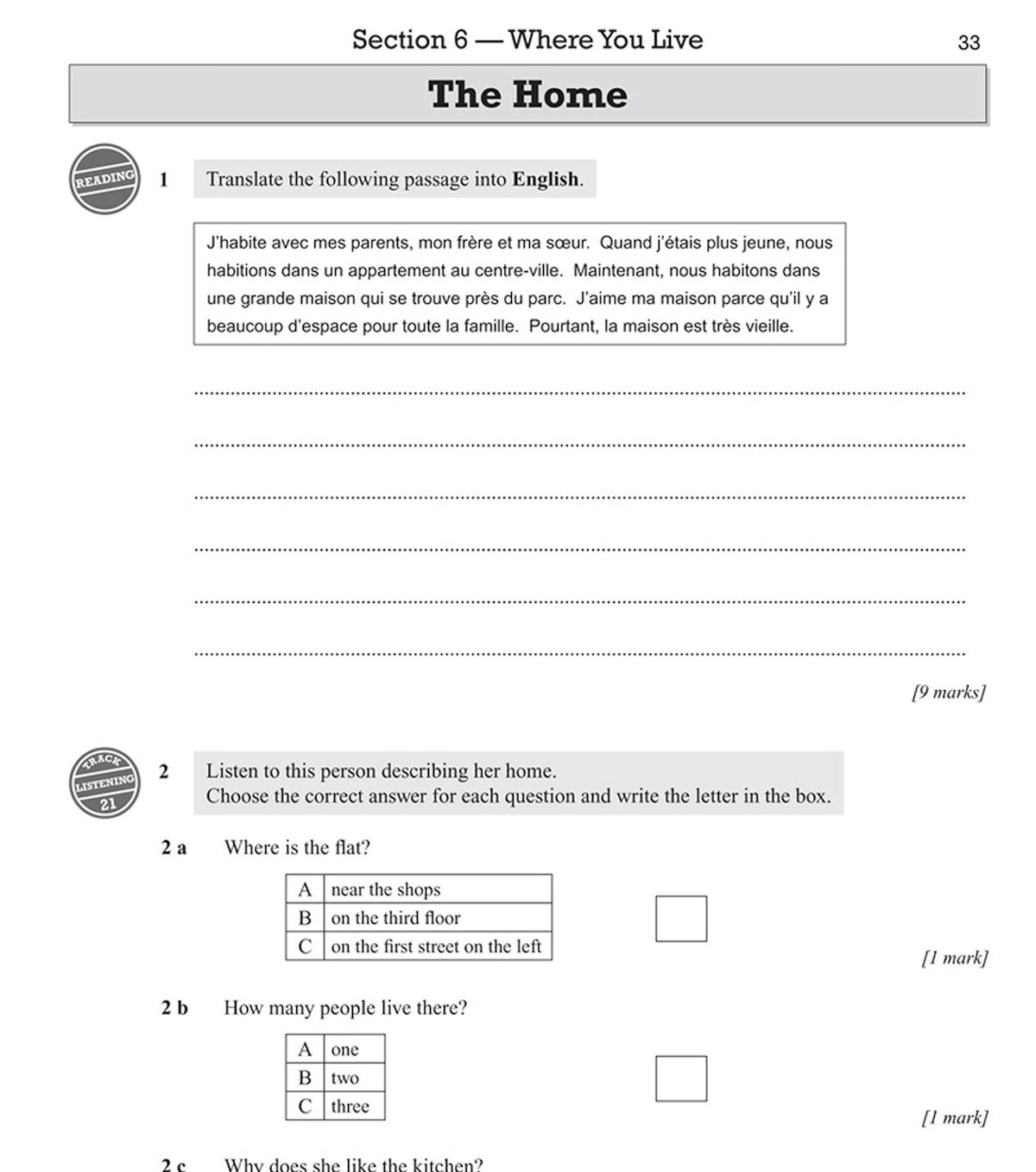Inside pages showing French reading comprehension questions and translation exercises