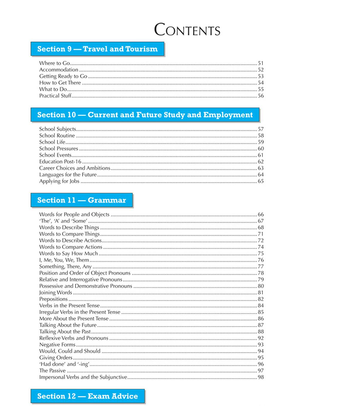 Contents page showing Section 9 Travel and Tourism, Section 10 Current and Future Study and Employment, Section 11 Grammar, and Section 12 Exam Advice with page numbers