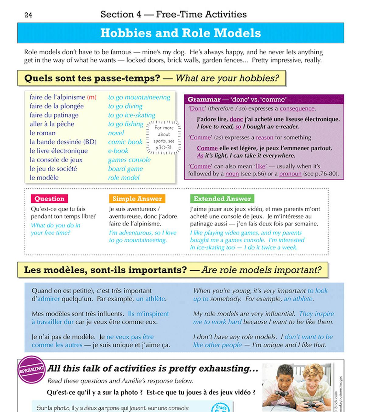 Sample page on hobbies and role models showing vocabulary tables, grammar boxes for 'donc' and 'comme', question-answer examples and a speaking activity with tick list and improvement tips