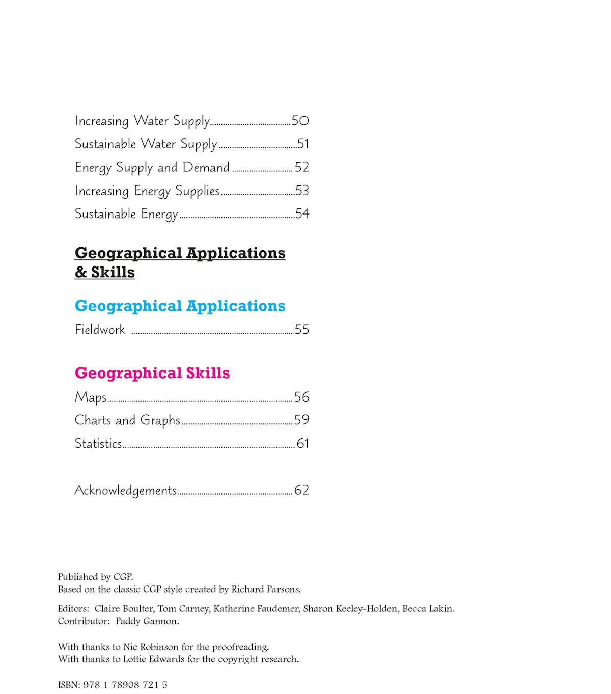 Contents page listing geographical topics and skills sections