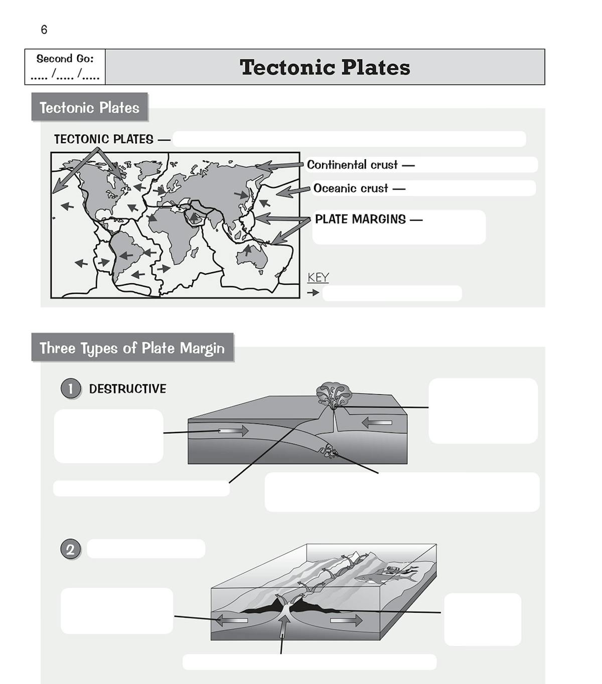 Sample page showing tectonic plates diagrams and fill-in exercises