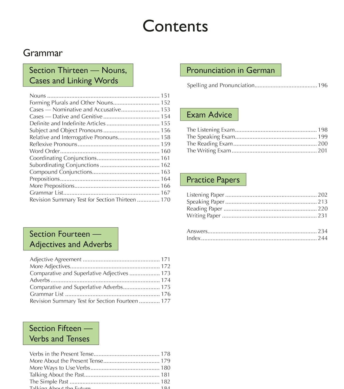 Contents page showing grammar sections, exam advice and practice papers