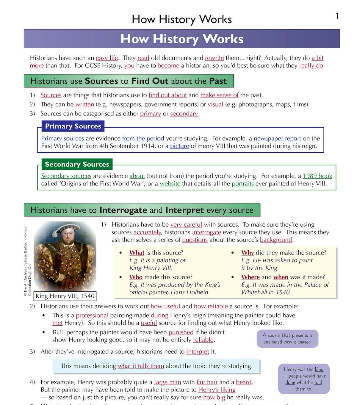 Inside page showing how historians interpret primary and secondary sources
