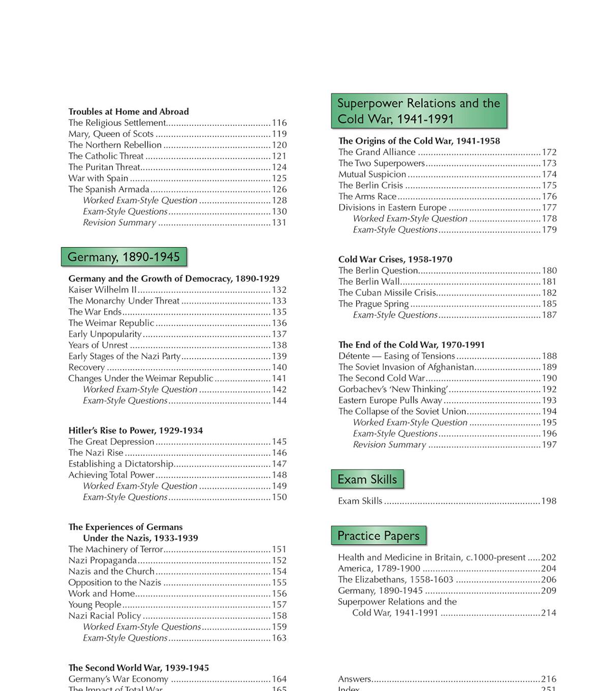 Contents page showing comprehensive topic coverage and practice papers