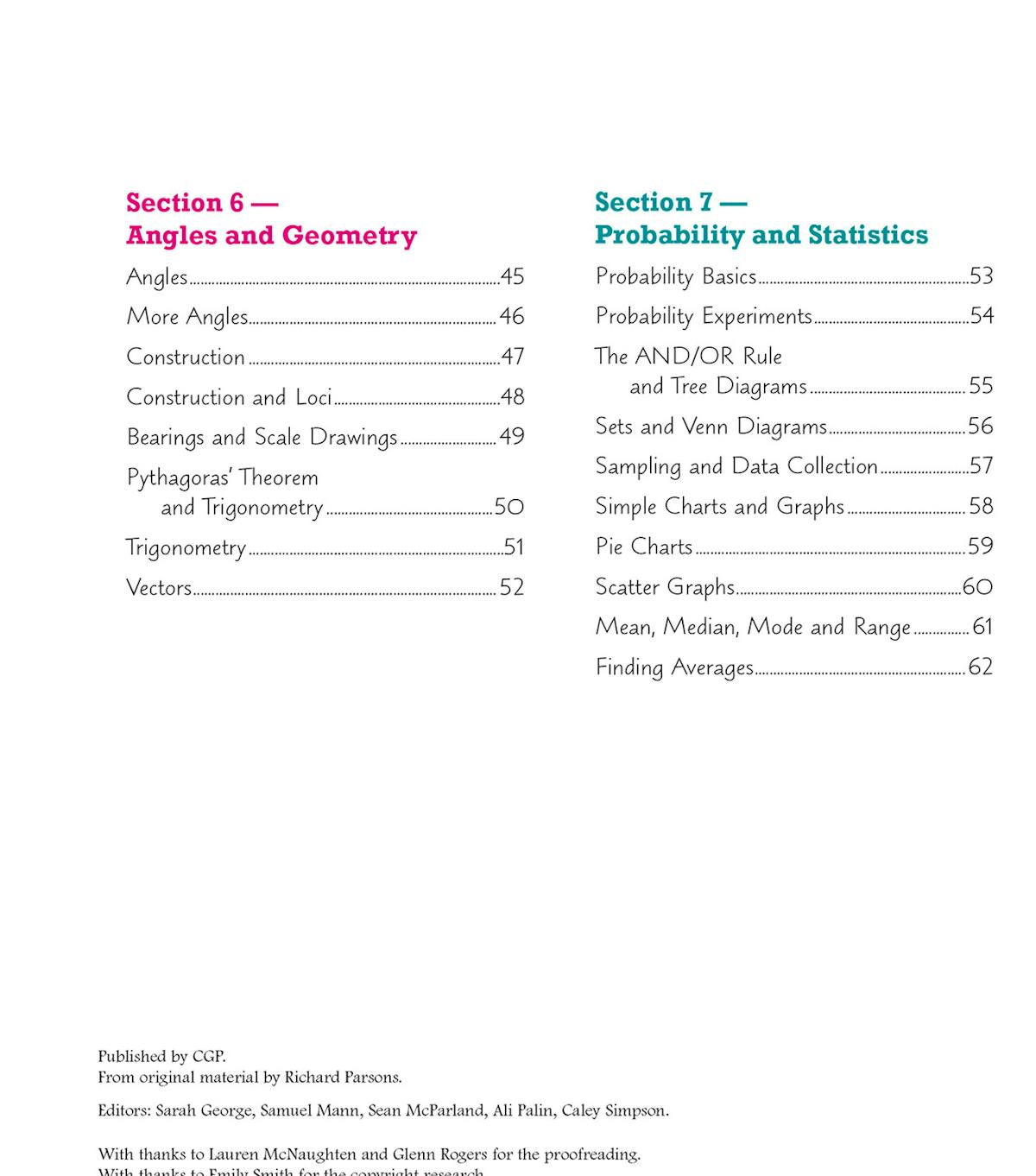 Contents page showing Angles and Geometry topics and Probability and Statistics topics