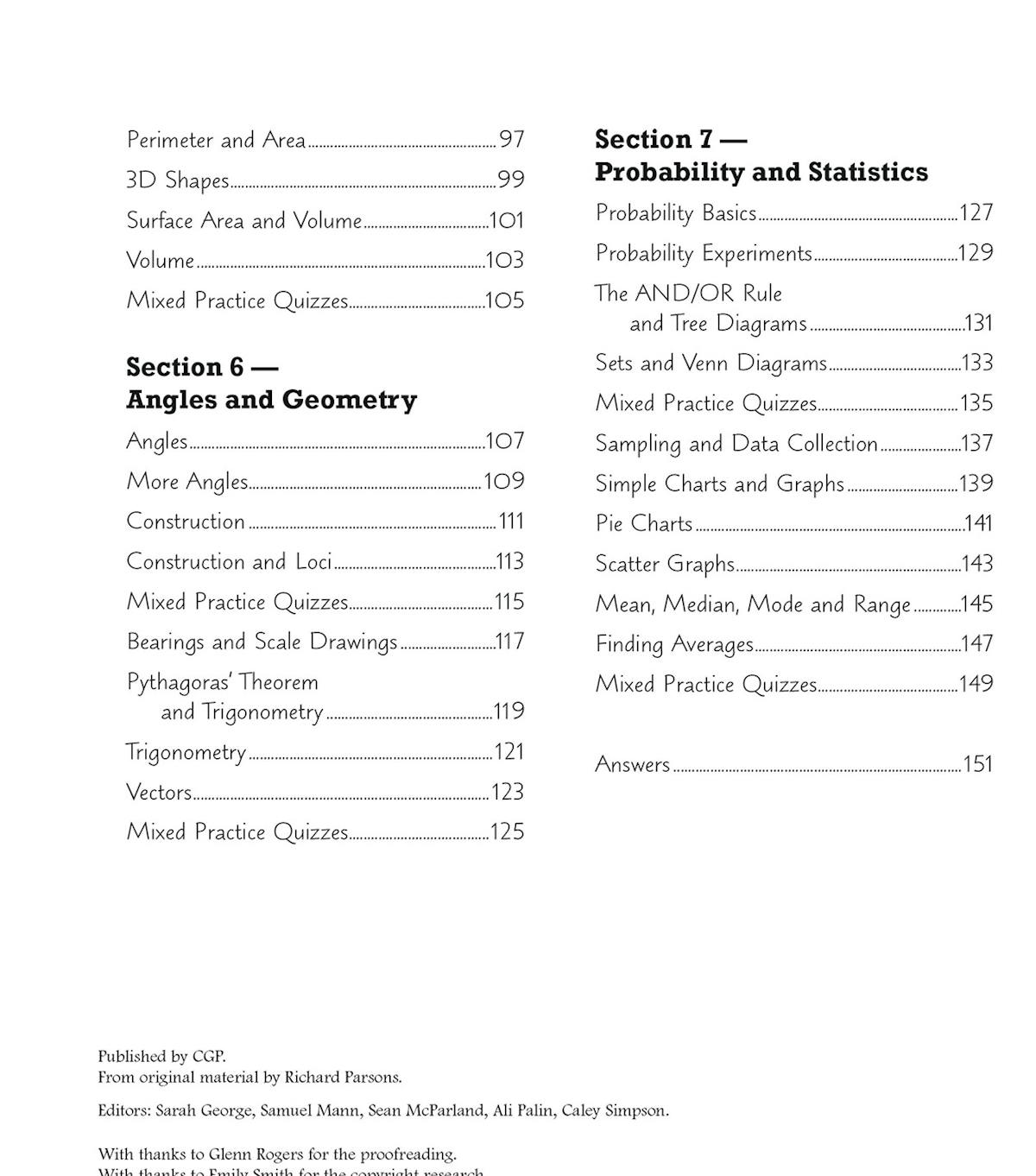 Contents page listing sections for Probability and Statistics with answers page reference