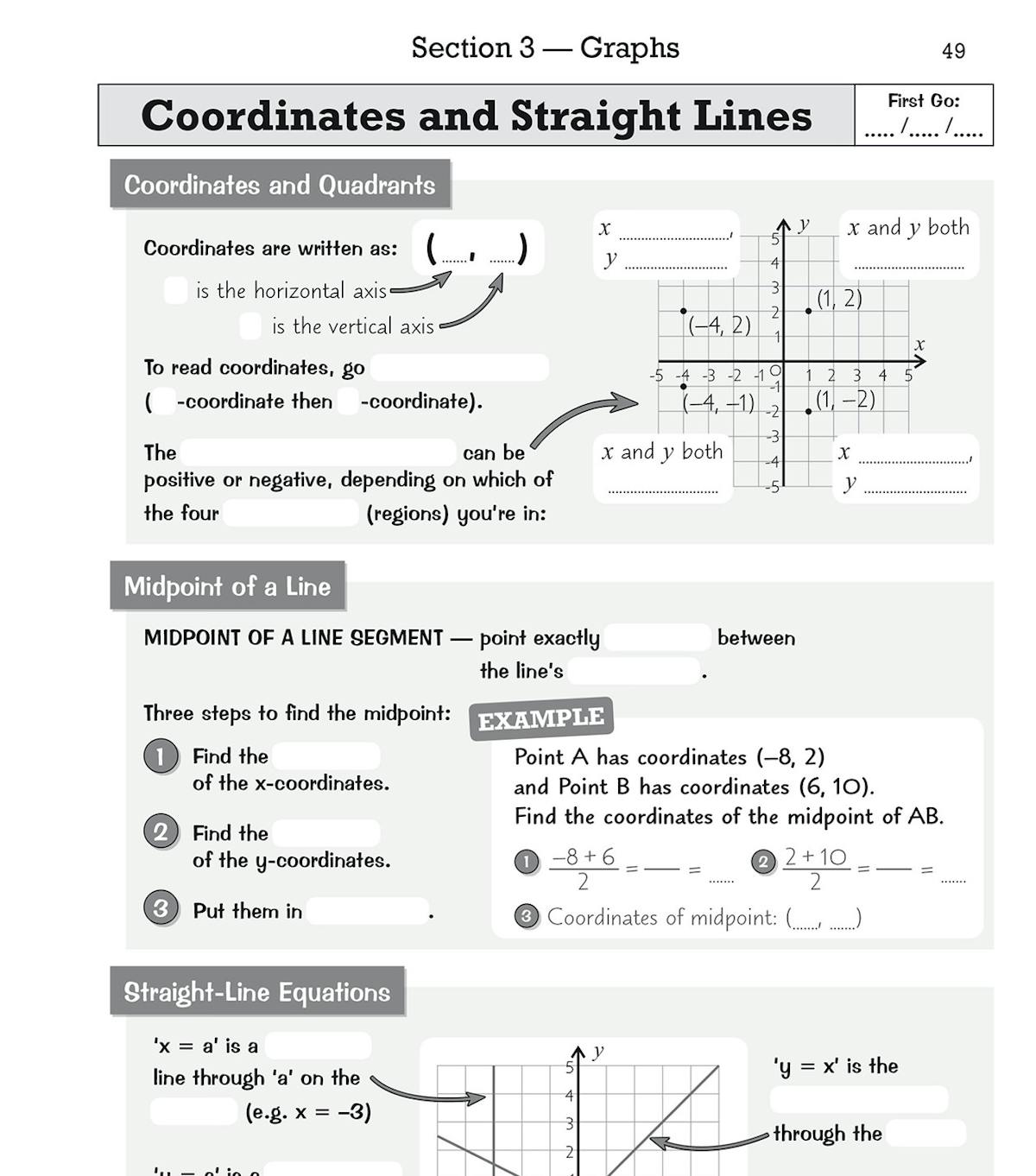 Sample spread showing coordinates and straight-lines retrieval exercises with fill-in sections