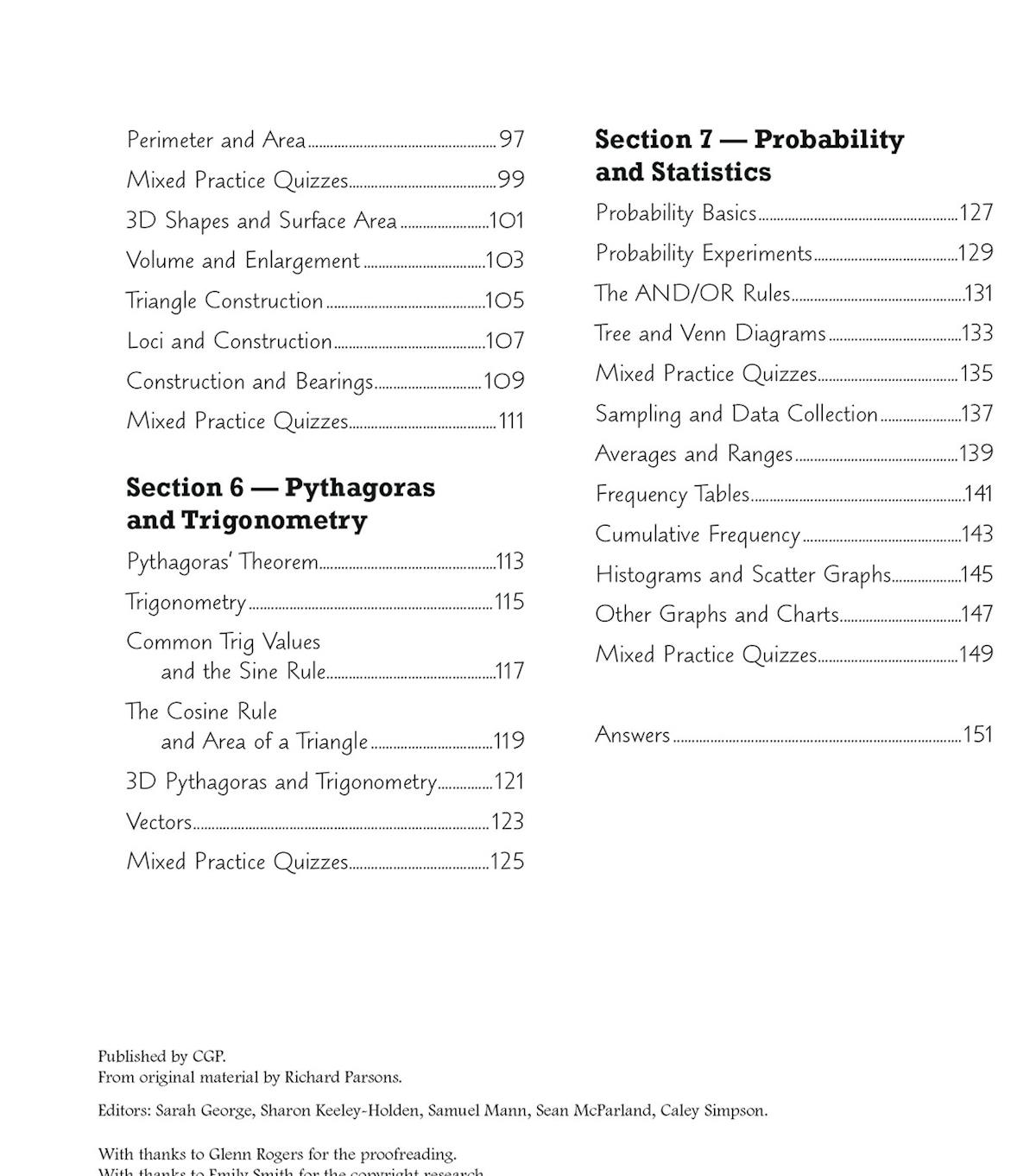 Contents page showing topic structure including Pythagoras, trigonometry, probability and statistics