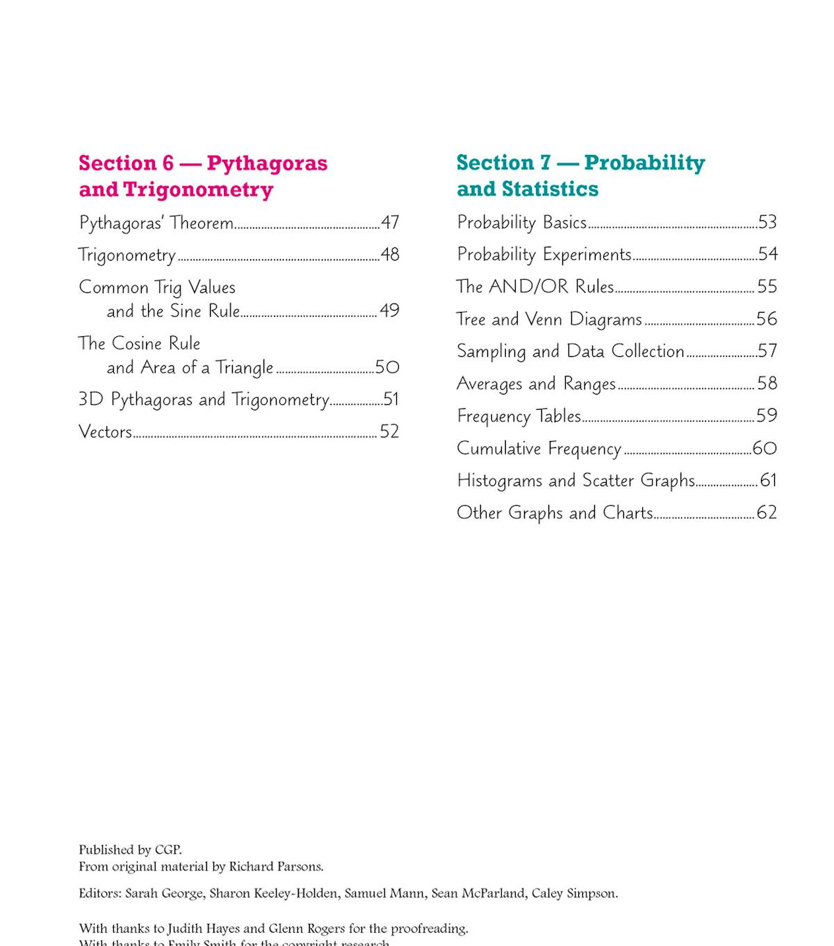 Detailed contents page showing Pythagoras, trigonometry, probability and statistics sections