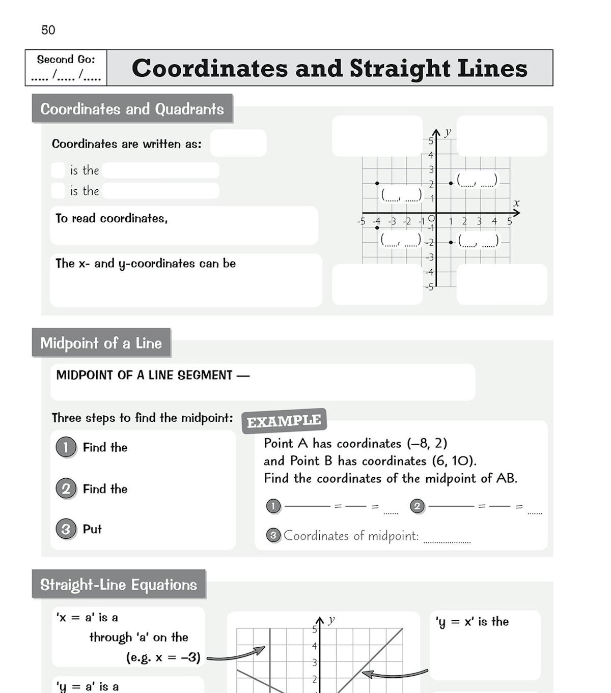Sample page showing coordinates and straight-lines retrieval tasks with fill-in-the-blank exercises