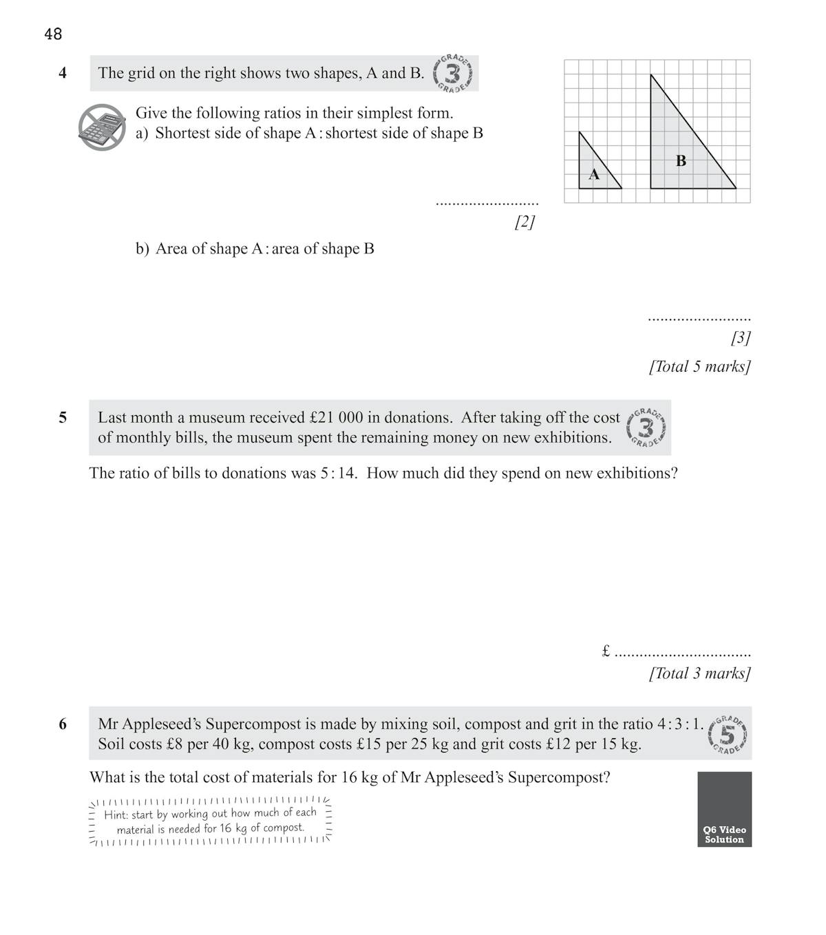 Inside pages showing ratio and proportion questions with difficulty markers and space for working