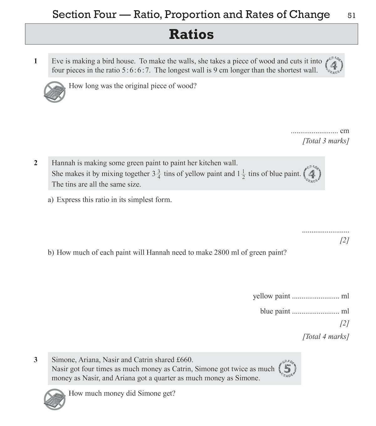 Workbook page displaying problem-solving questions with worked solutions