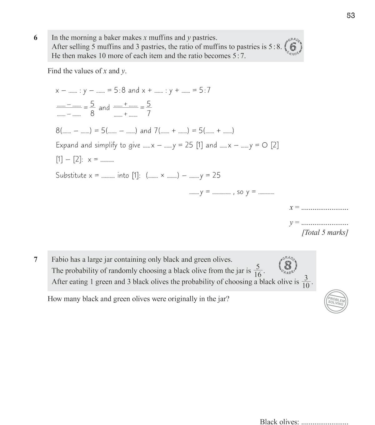 Sample page showing ratio and proportion questions with grade stamps