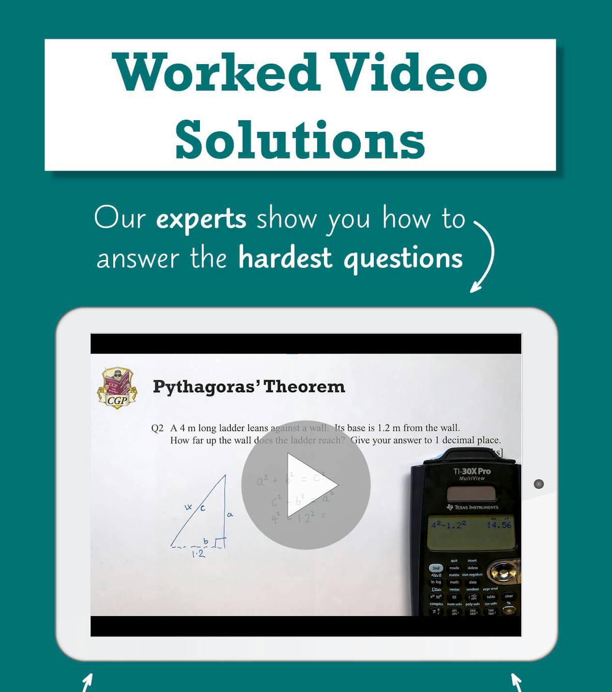 Promotional page for worked video solutions showing tablet screen with Pythagoras' Theorem example