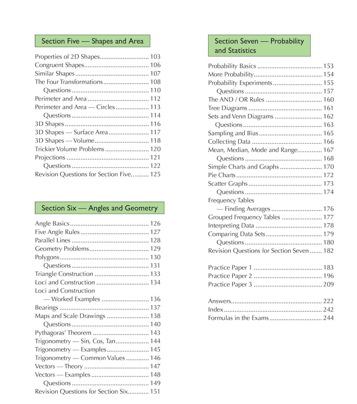 Contents page showing topics including shapes and area, angles and geometry, and probability and statistics