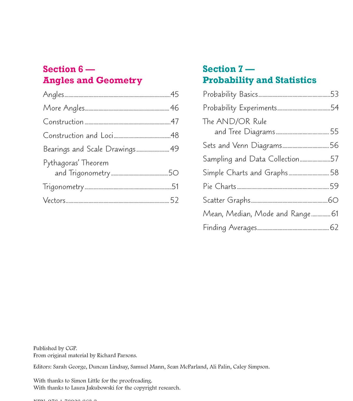 Table of contents showing sections on angles, geometry, probability and statistics