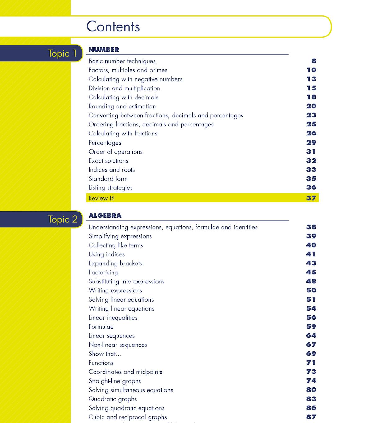 Contents page showing Number, Algebra and Ratio topics with page numbers
