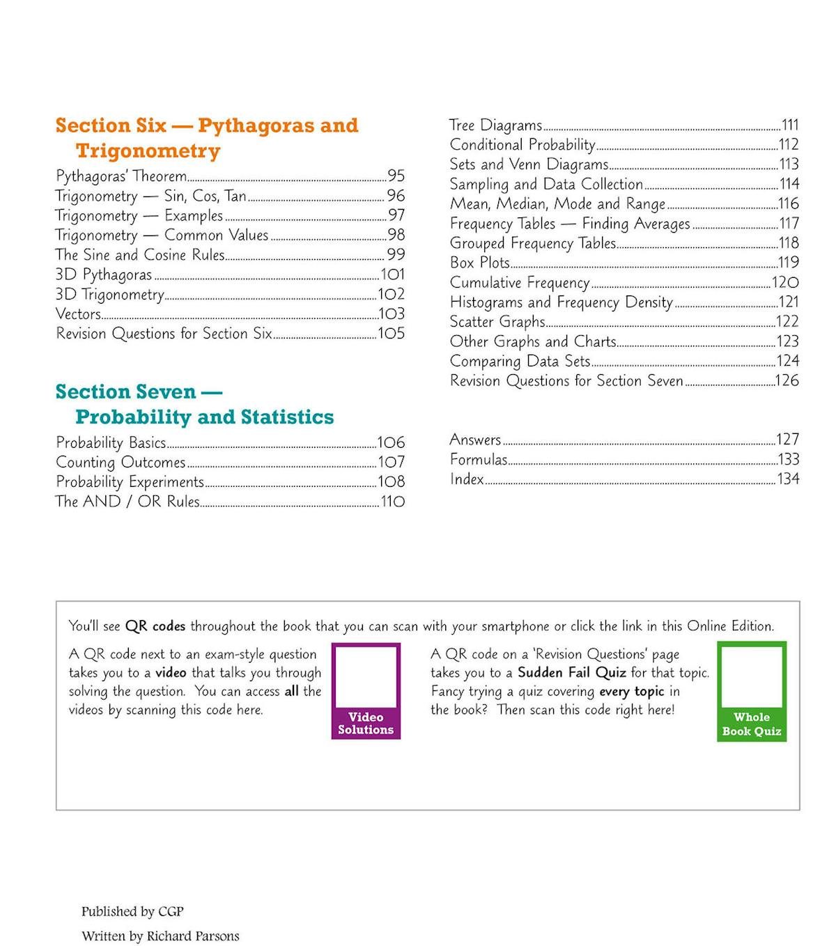 Contents page listing trigonometry, probability and statistics topics