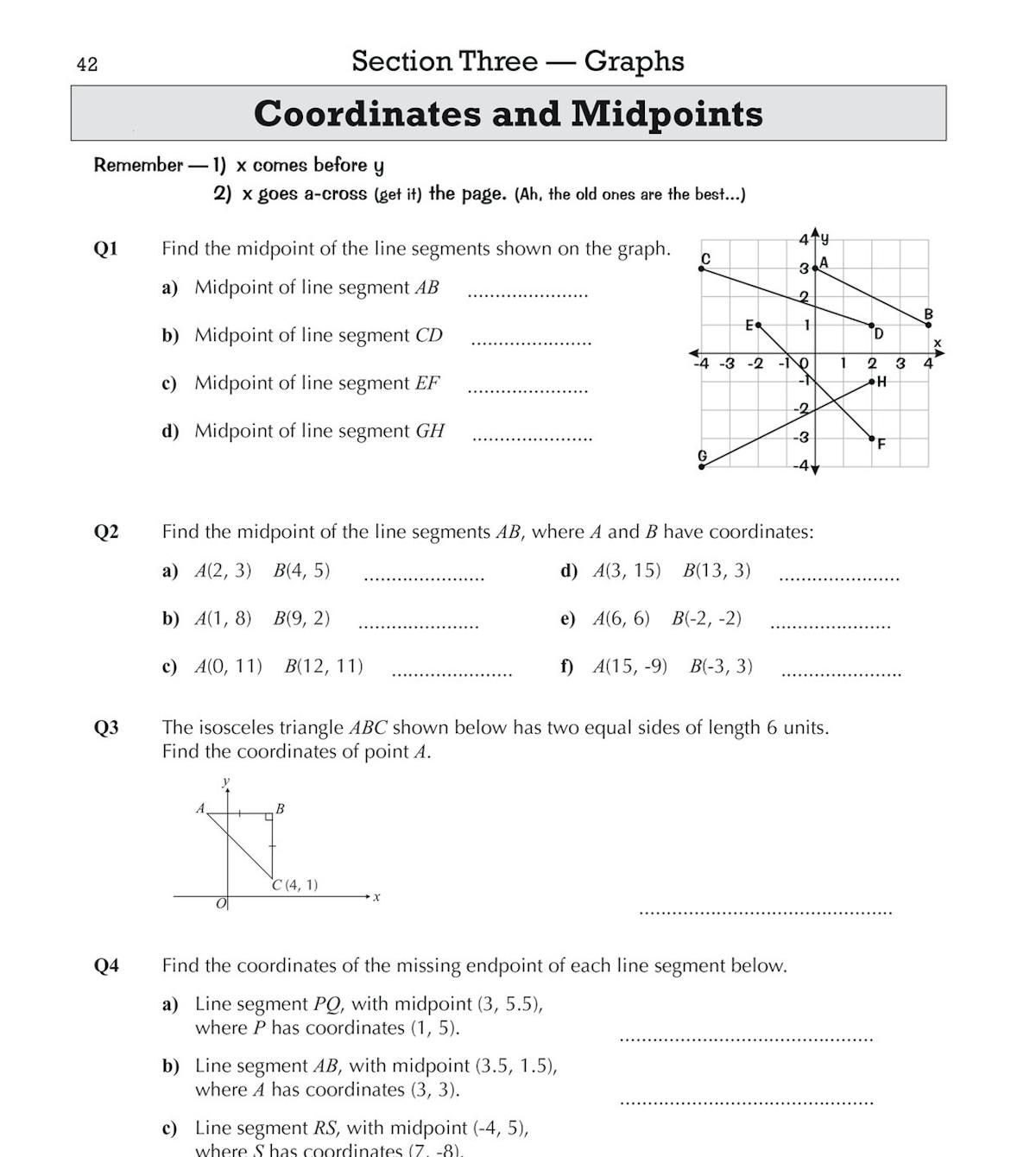Sample page showing coordinates and midpoints questions with graphs