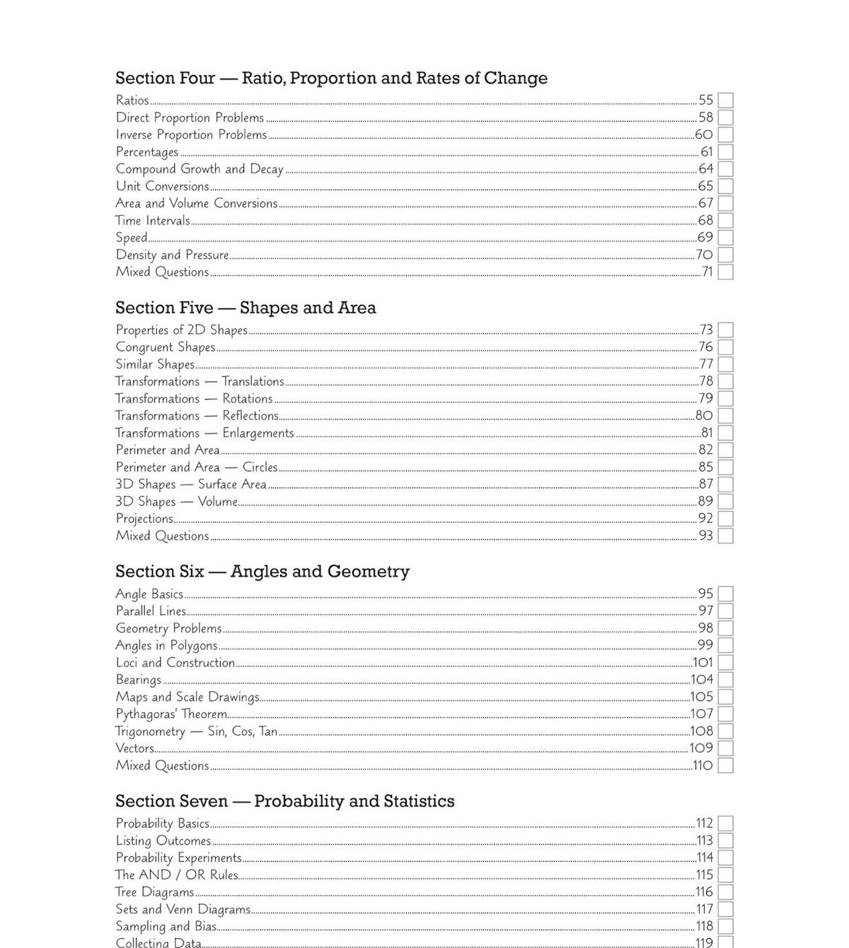 GCSE Maths Workbook Foundation showing contents pages for ratio, proportion, shapes, and probability