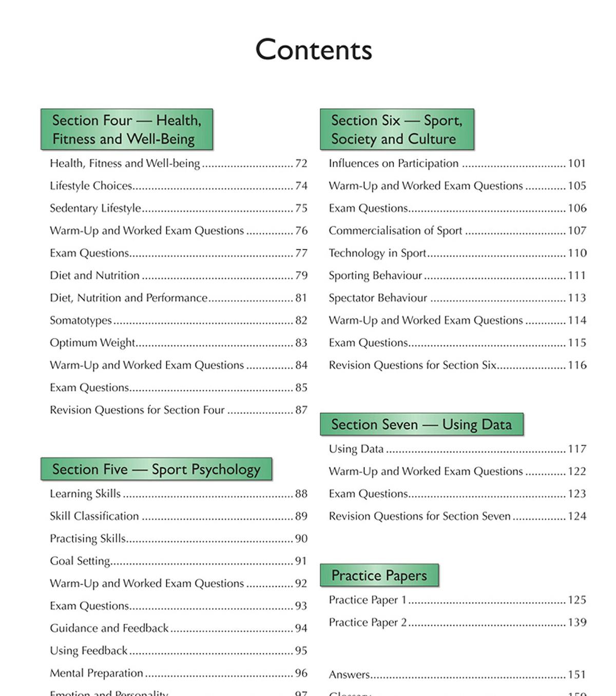 Contents page listing all seven sections from Anatomy to Using Data plus Practice Papers