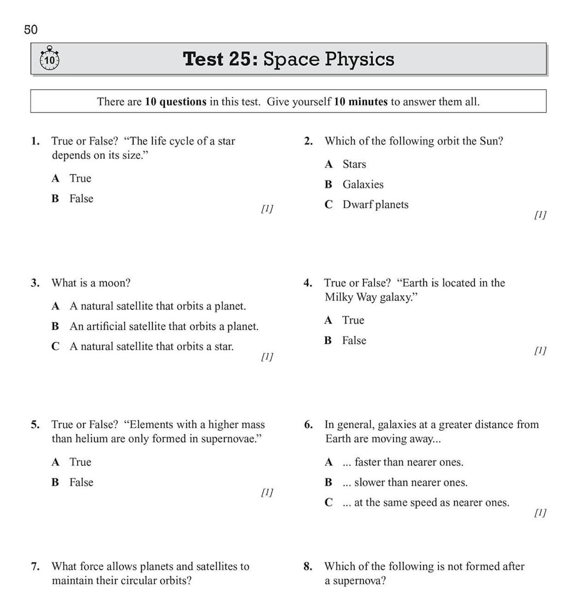Sample test page showing Space Physics questions with multiple choice and short answer formats