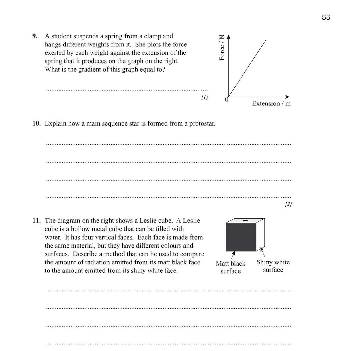 Sample test page showing mixed Physics questions including diagrams and extended answer space