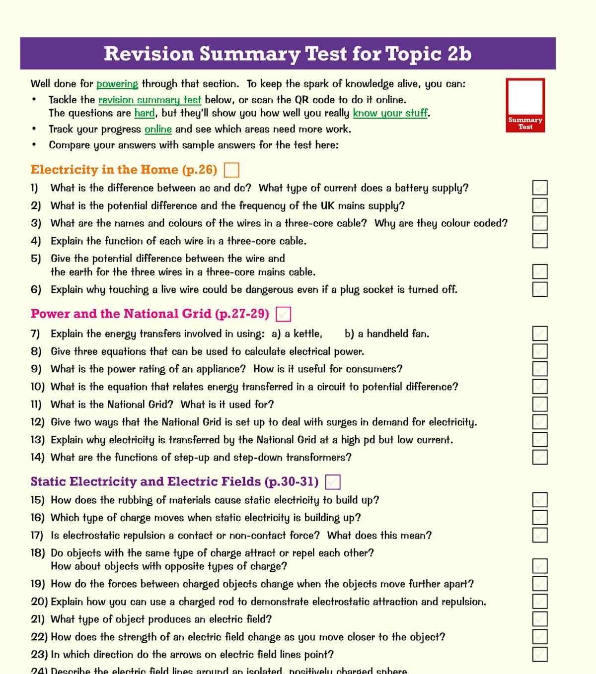 Revision summary test page showing electricity topics with tick-box questions