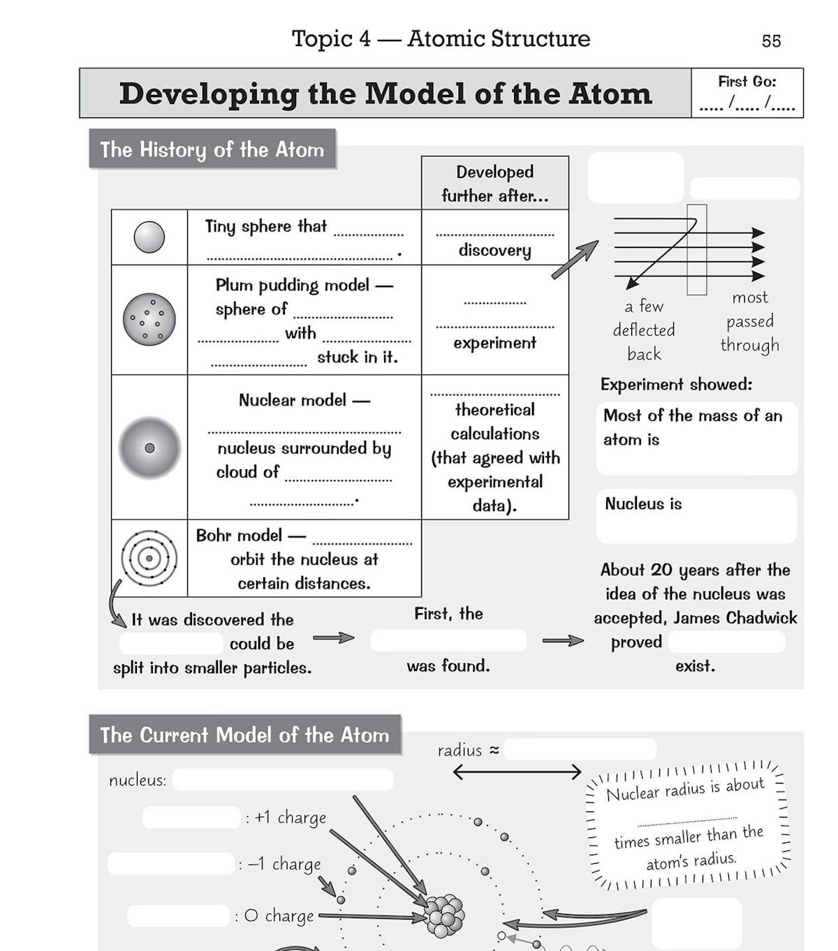 Completed sample page showing filled-in answers about atomic models, including plum pudding and nuclear models