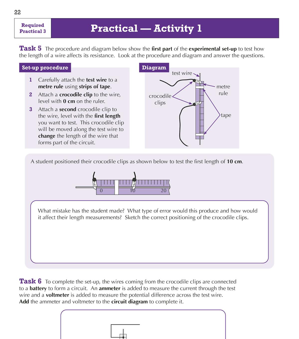 Practical activities page showing experimental setup with diagrams and tasks