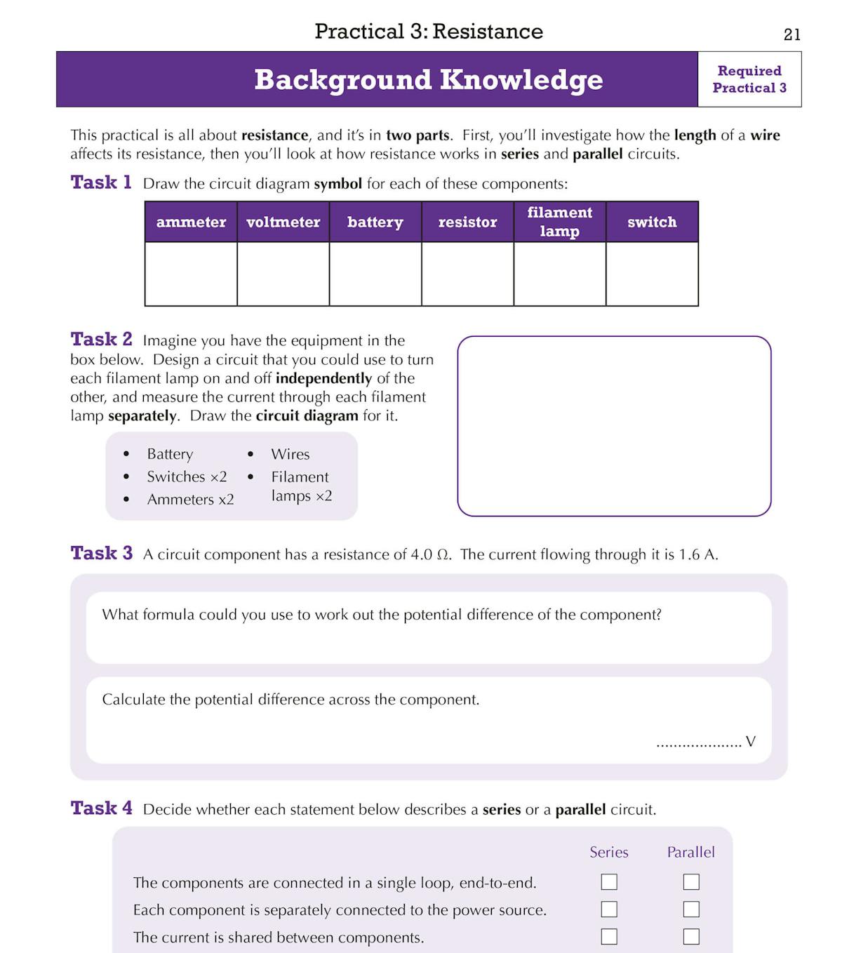 Background knowledge page for Required Practical 3 on Resistance