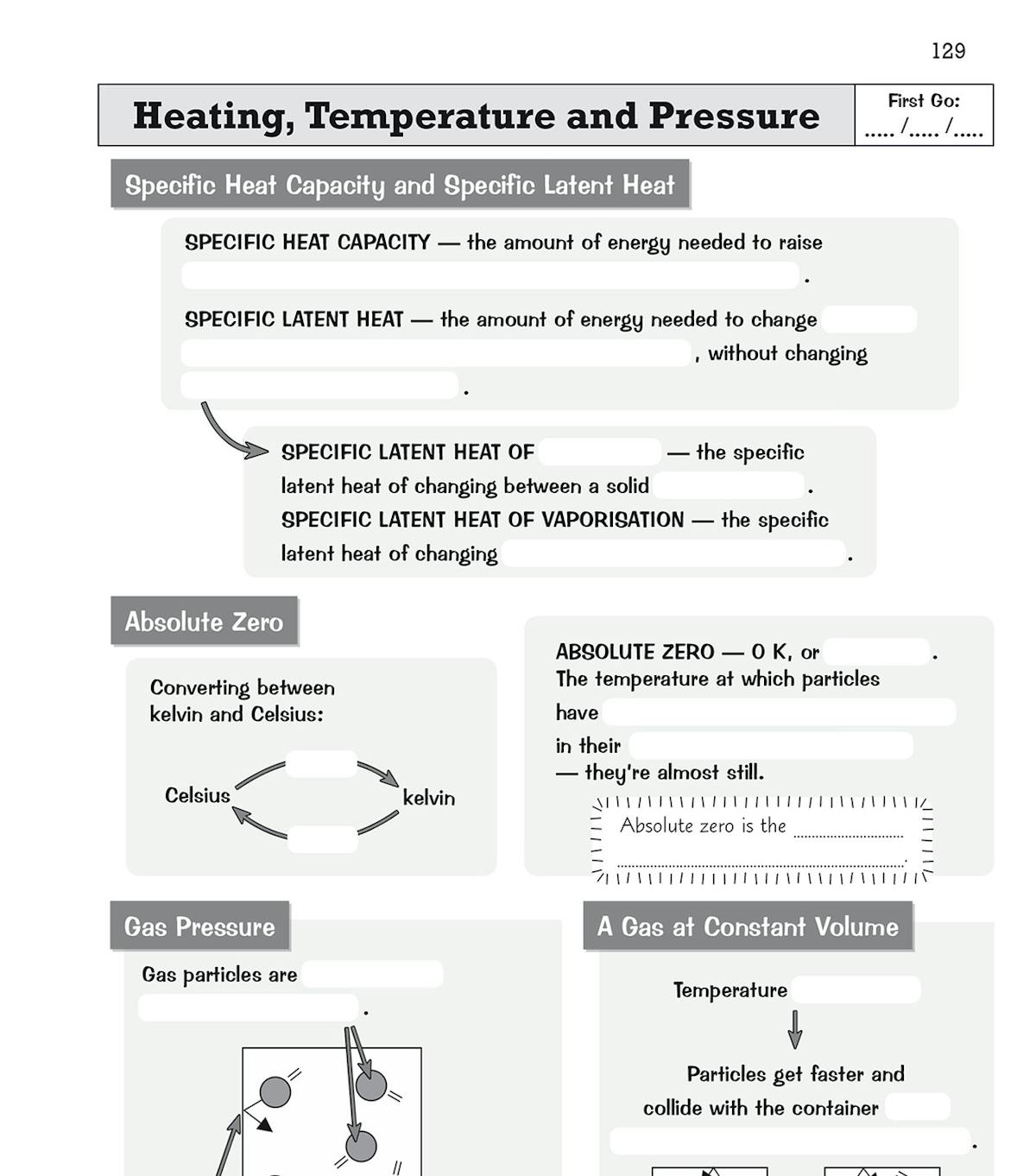 Sample page covering specific heat capacity, gas pressure and temperature concepts