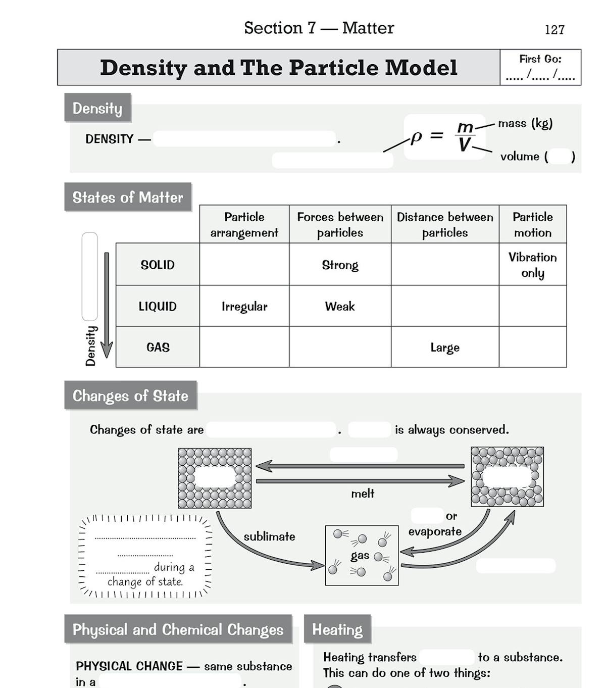 Sample page showing density formula and particle model tables