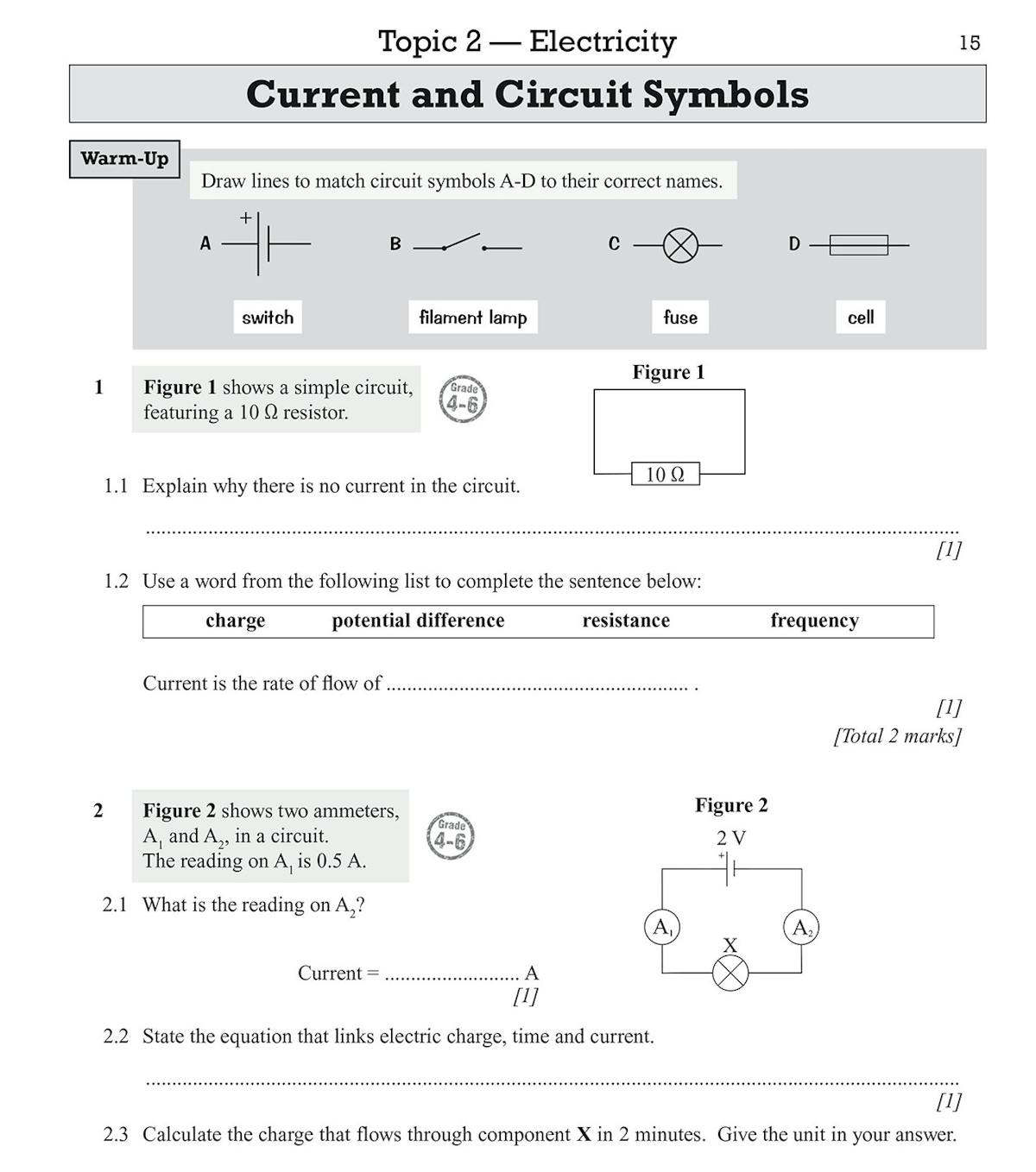 Inside pages showing graded electricity questions with circuit diagrams and practical tasks