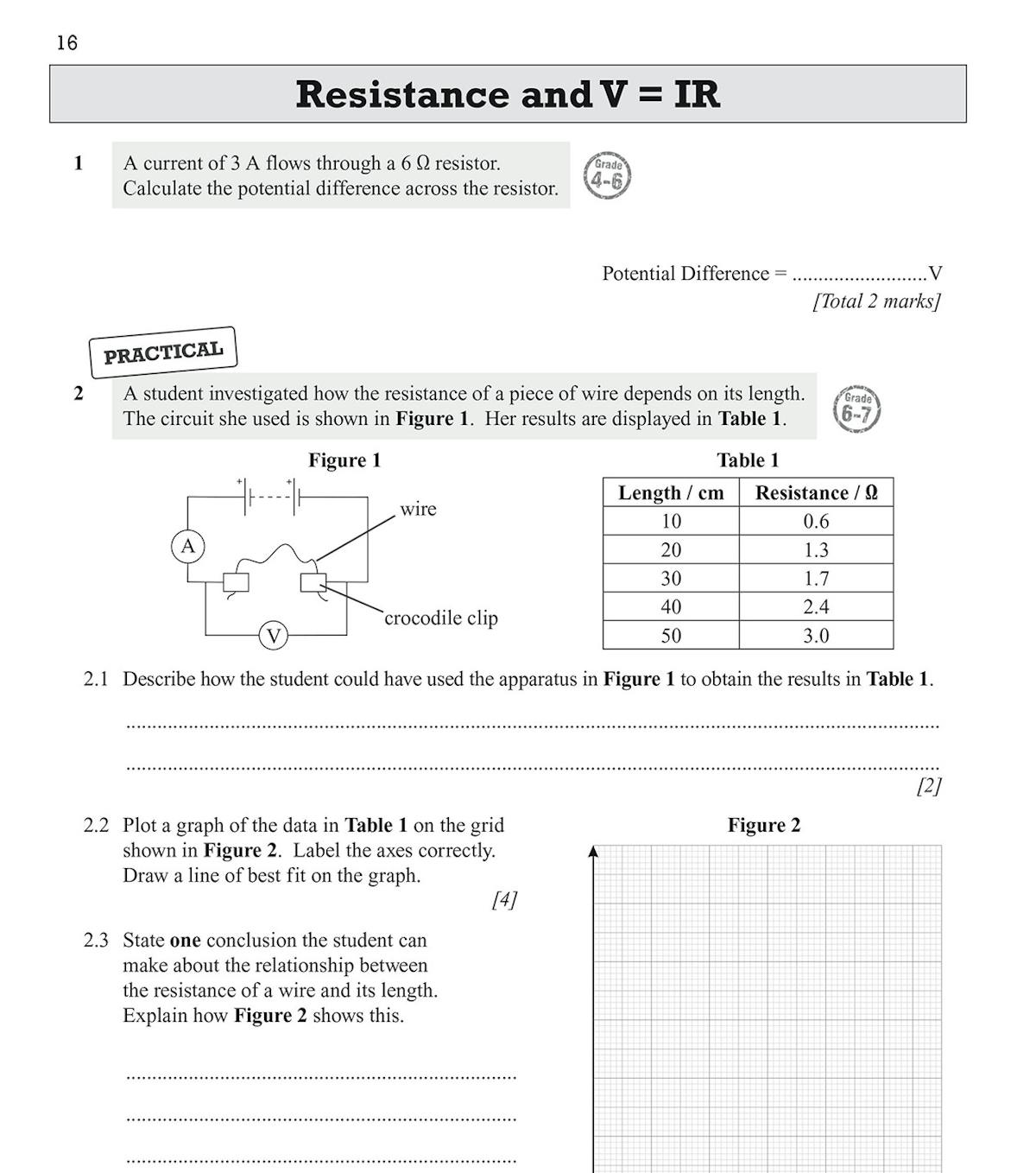 Further sample pages with graded physics questions, graph-plotting tasks, and exam tips