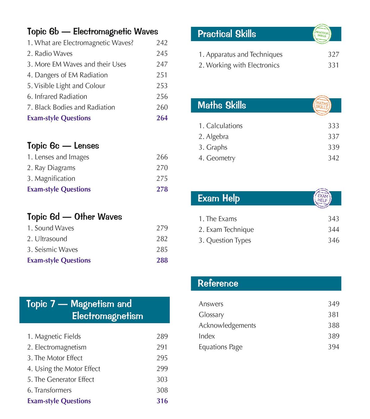 Sample page explaining the particle model of matter with colour diagrams showing solids, liquids and gases, plus an exam tip box