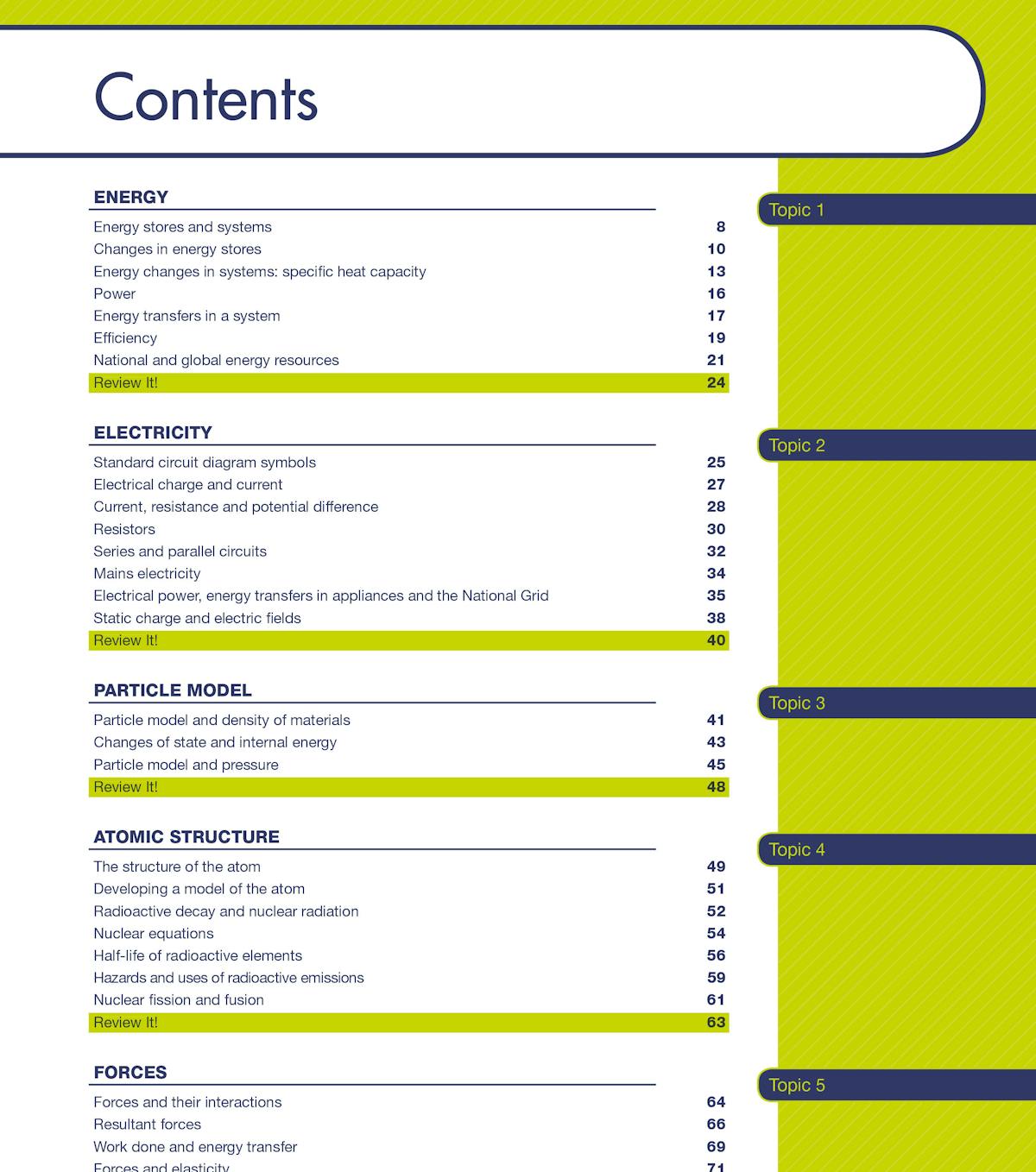 Contents page showing GCSE Physics topics including Energy, Electricity, Particle Model, Atomic Structure and Forces