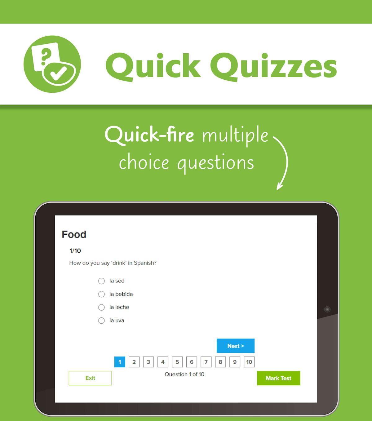 Interactive Quick Quizzes screen showing vocabulary practice for GCSE Spanish