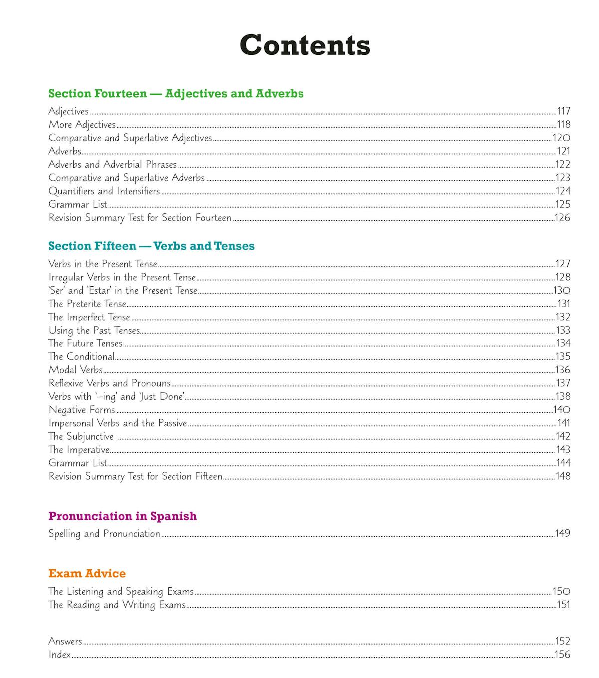 Grammar contents showing sections on Adjectives, Adverbs, Verbs and Tenses, plus Pronunciation and Exam Advice