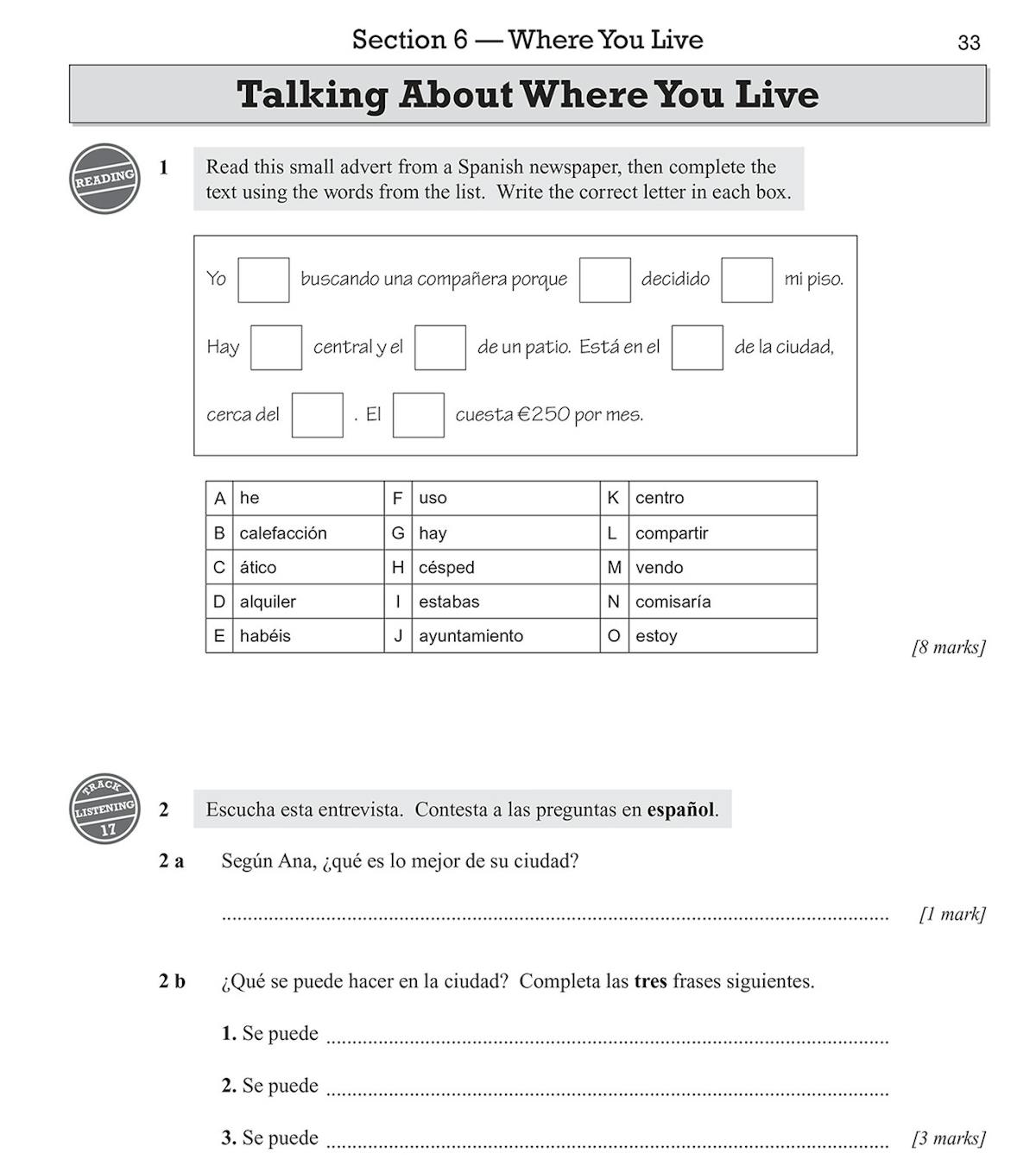 Sample page showing reading comprehension and gap-fill exercises