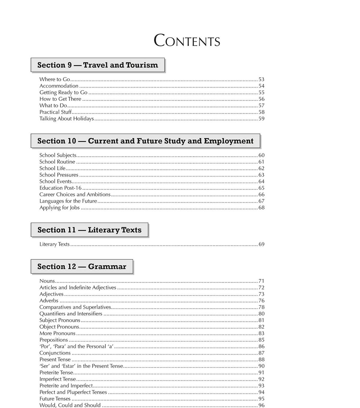 Contents page listing all sections from travel to grammar