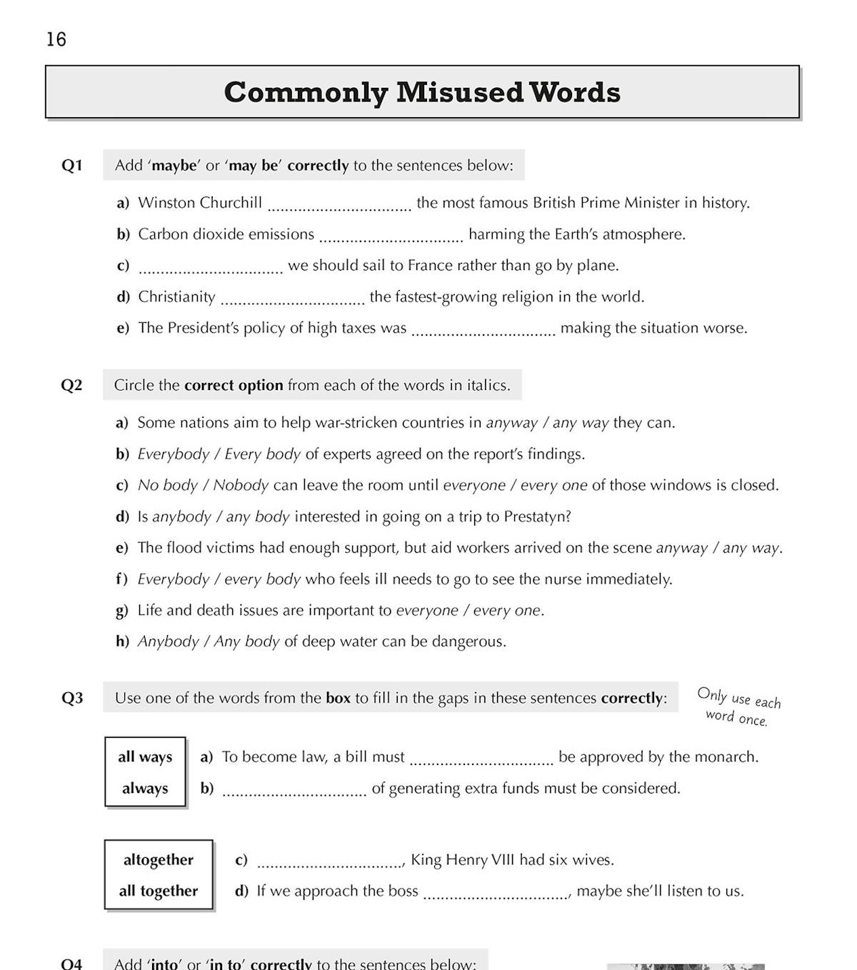 Sample page from the workbook showing commonly misused words exercises with fill-in-the-gap questions