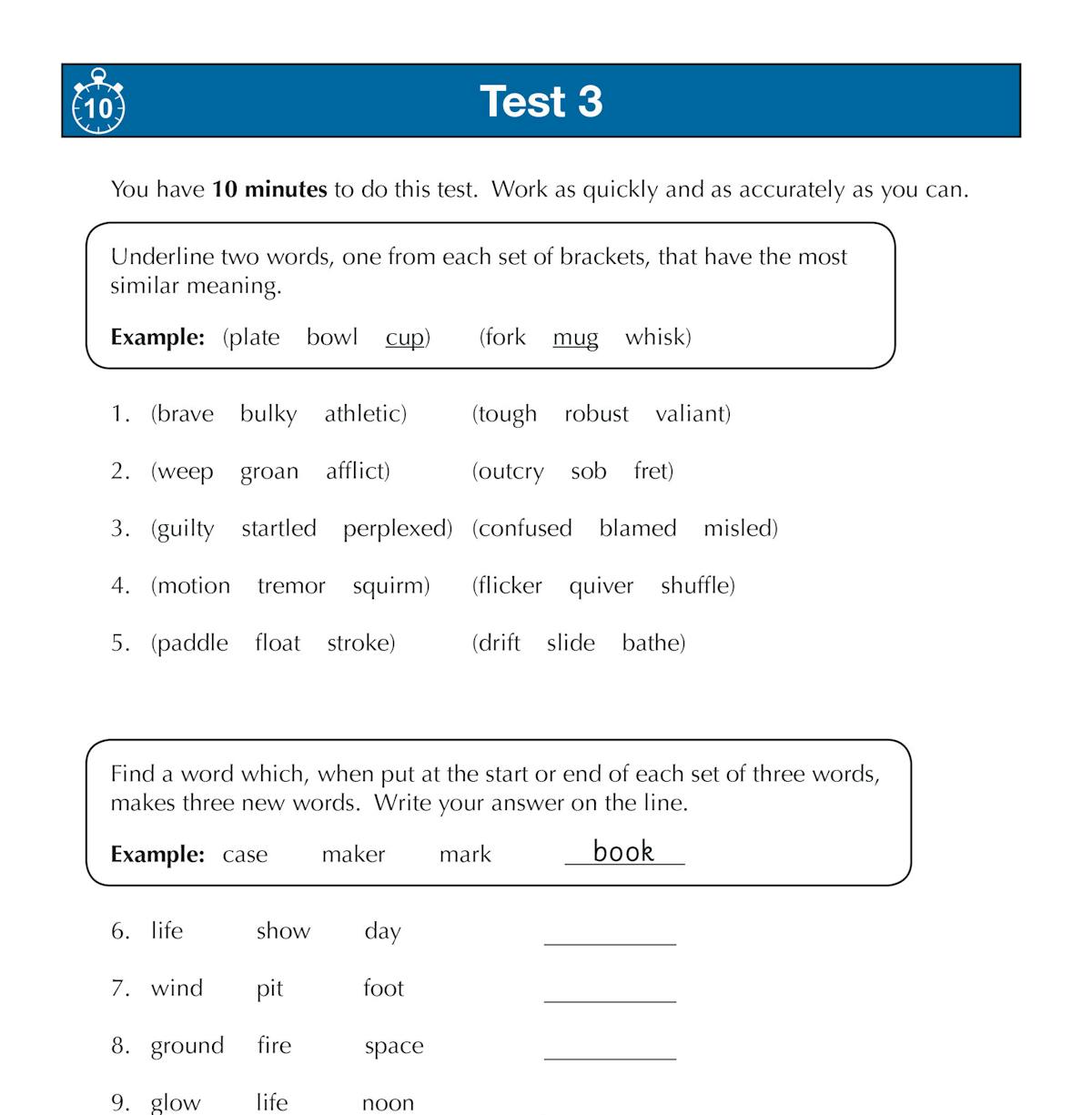 Sample test page showing synonym and word-linking questions with clear instructions