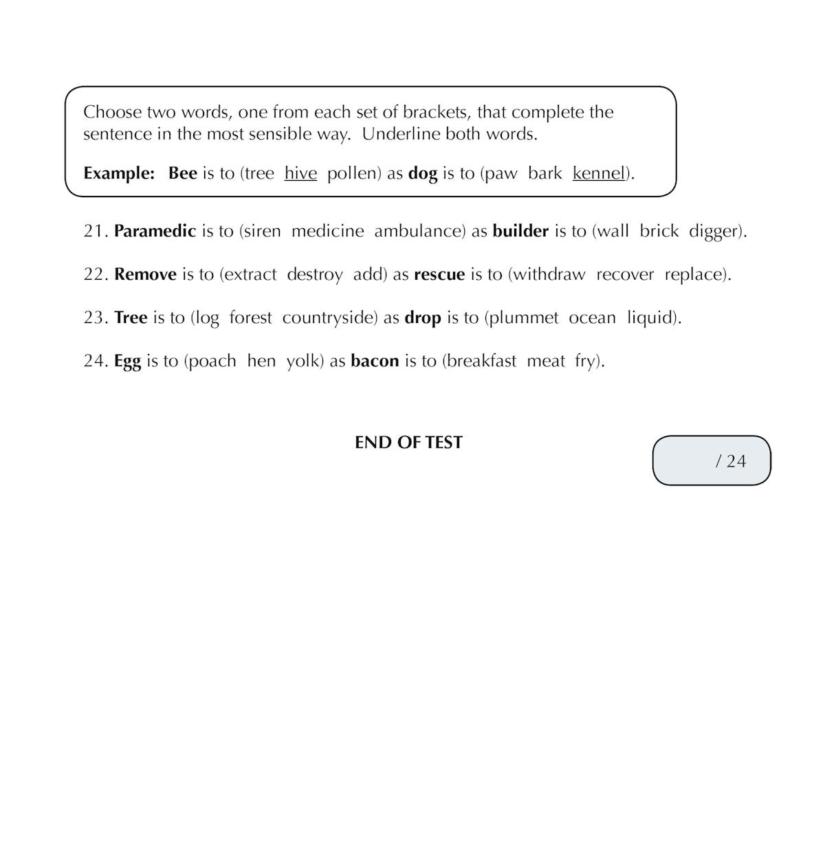 Test page showing analogy questions with multiple-choice word pairs and answer space