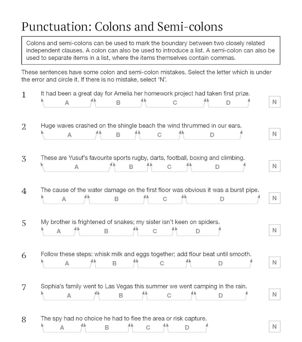 Sample punctuation practice page from the GL 11+ Comprehension Workbook