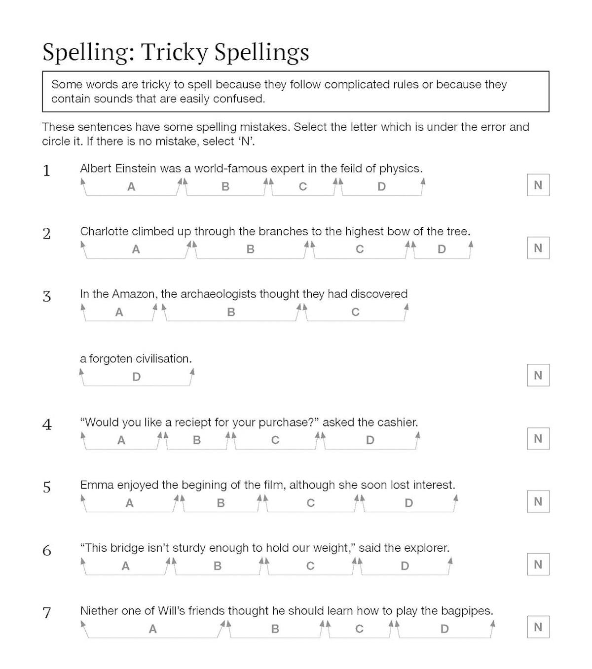 Sample spelling practice page from the GL 11+ Comprehension Workbook