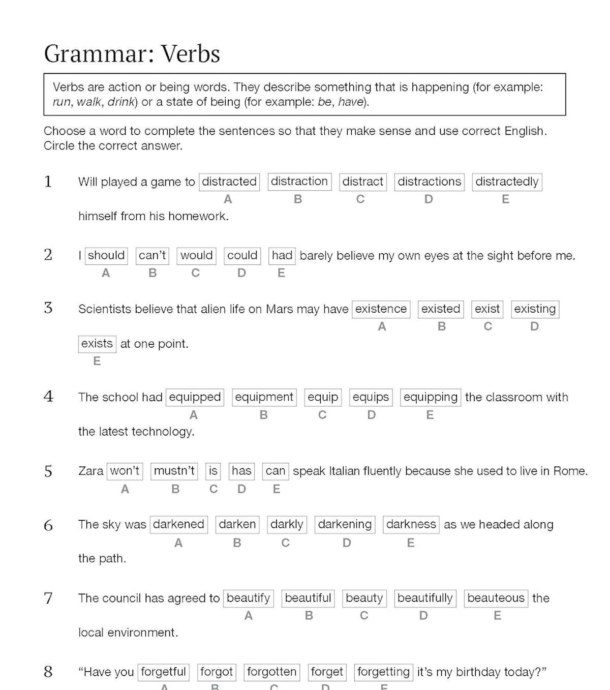 Grammar practice page from GL 11+ Comprehension Workbook showing verb exercises