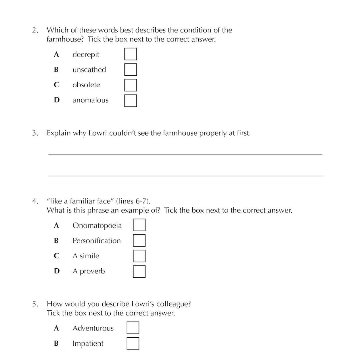 Sample comprehension test page showing vocabulary and inference questions